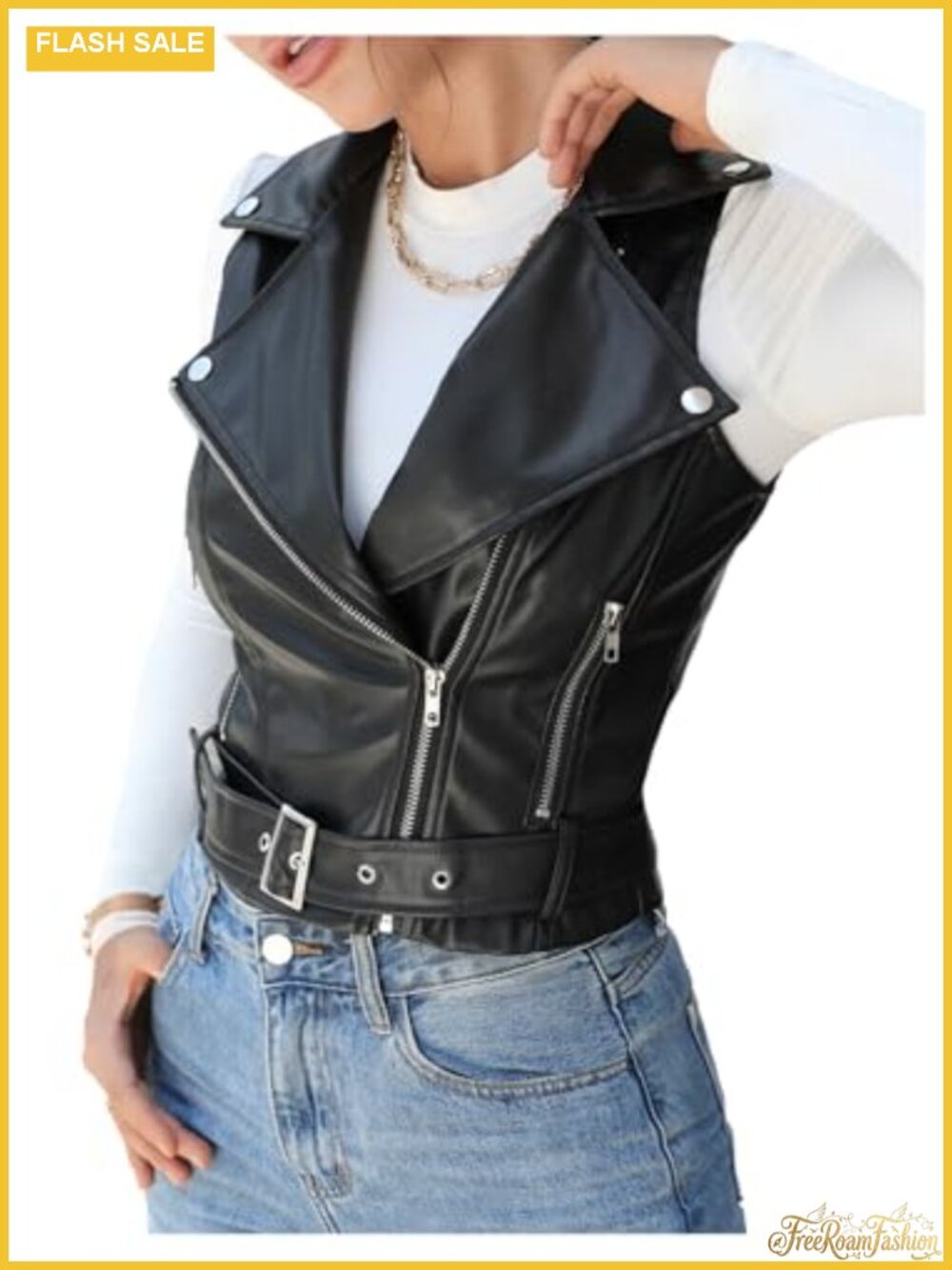 Faux Leather Zip Up Sleeveless Belted Motorcycle Vest Jacket